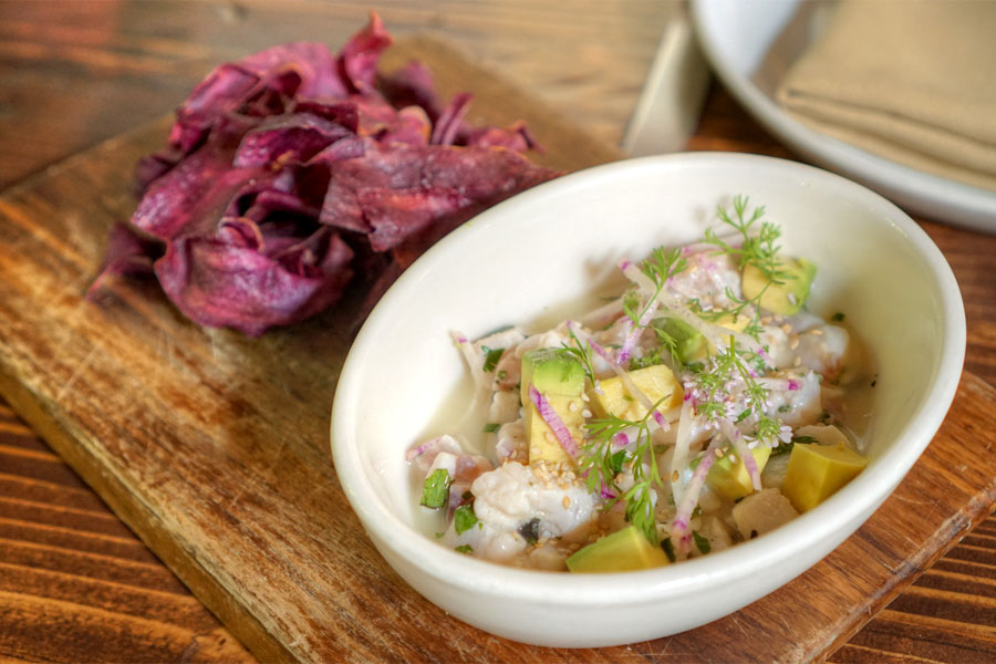 Local rock cod ceviche, avocado, radish, ginger, lime, purple sweet potato, benne seeds