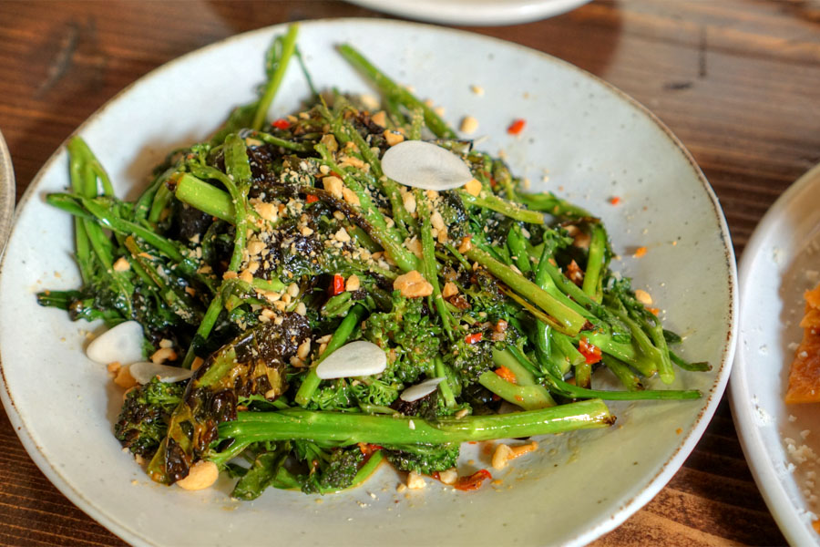 Broccolini, pickled garlic, peanuts, smoked chili vinegar