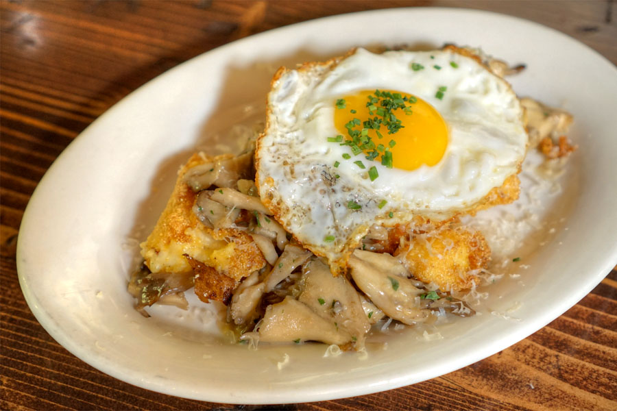 Crisp polenta, maitake ragu, fried egg, creme fraiche