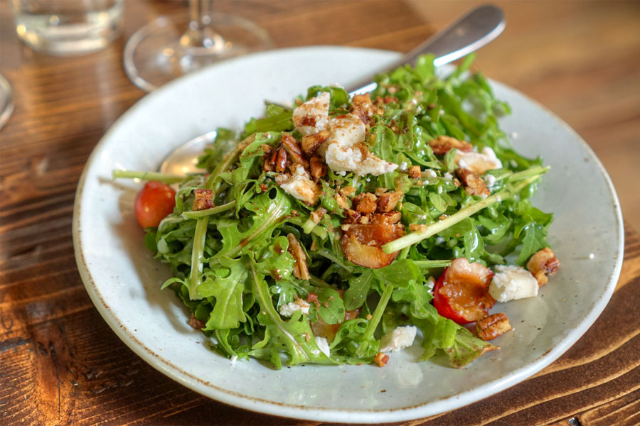 Arugula, cherries, goat cheese, spiced pecans, walnut oil