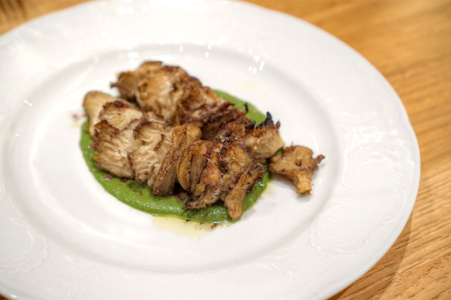 Grilled oyster mushrooms, stinging nettle cardamom puree, turmeric, sumac