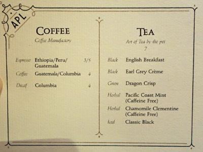 APL Restaurant Coffee and Tea List