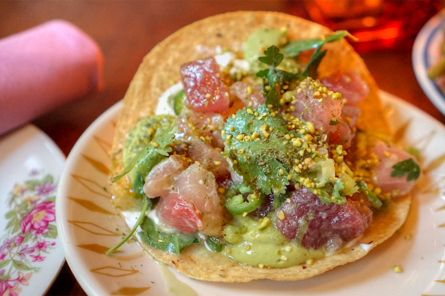 Albacore tartare with aguachile, labneh, santa barbara pistachio & avocado