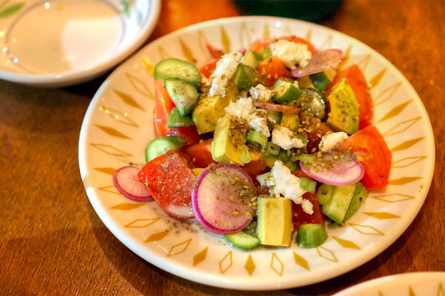 Japanese tomato salad, black sesame dressing, avocado, cucumber & feta