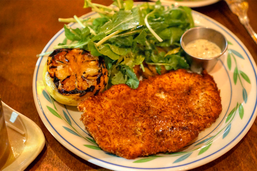 Chicken schnitzel, crispy fingerling potatoes & gribiche