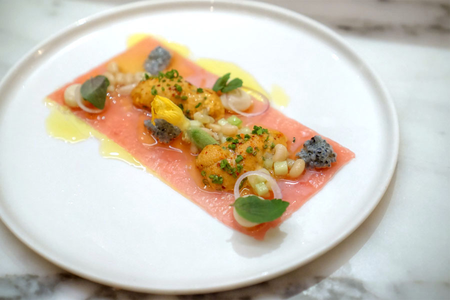 Yellowfin Tuna Crudo with Risina Bean, Cucumber, Santa Barbara Sea Urchin