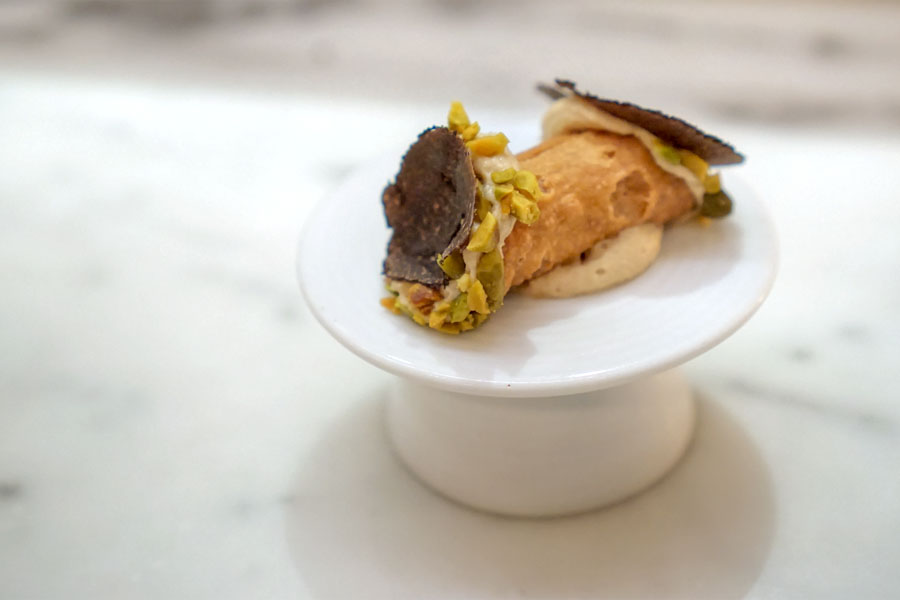 'Foienoli' Foie Gras Mousse Filled Cannoli, Pistachio, Australian Black Truffle