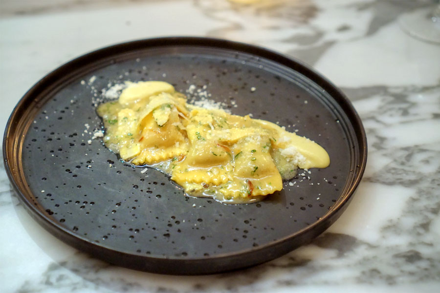 Chicken Liver Filled Agnolotti, Baby Corn, Cippolini, Parmigiano, Australian Black Truffle