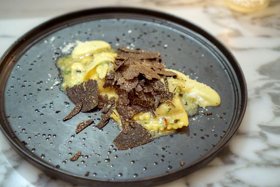 Chicken Liver Filled Agnolotti, Baby Corn, Cippolini, Parmigiano, Australian Black Truffle