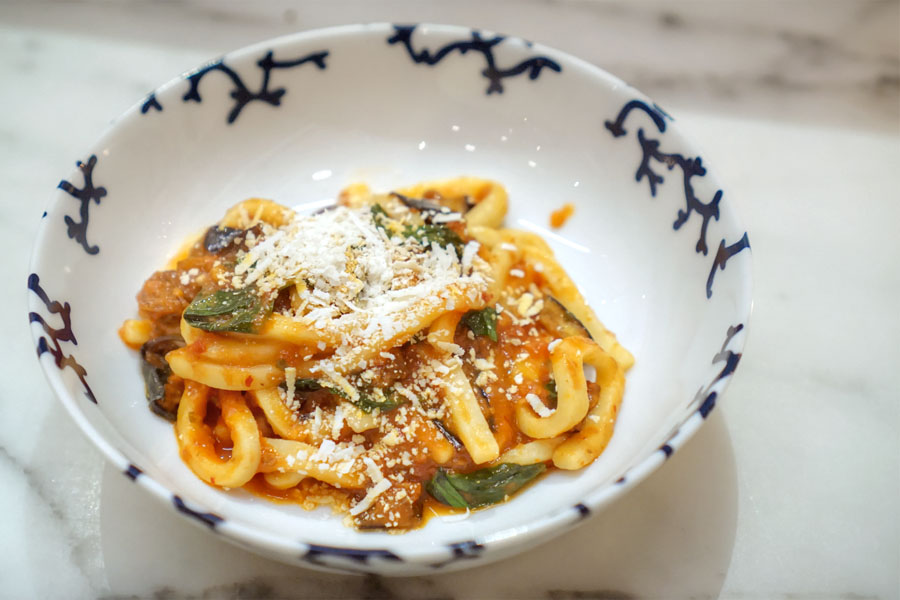 Maccheroni Molinari Domus, 'Nduja Eggplant, Tomato, Ricotta Salata