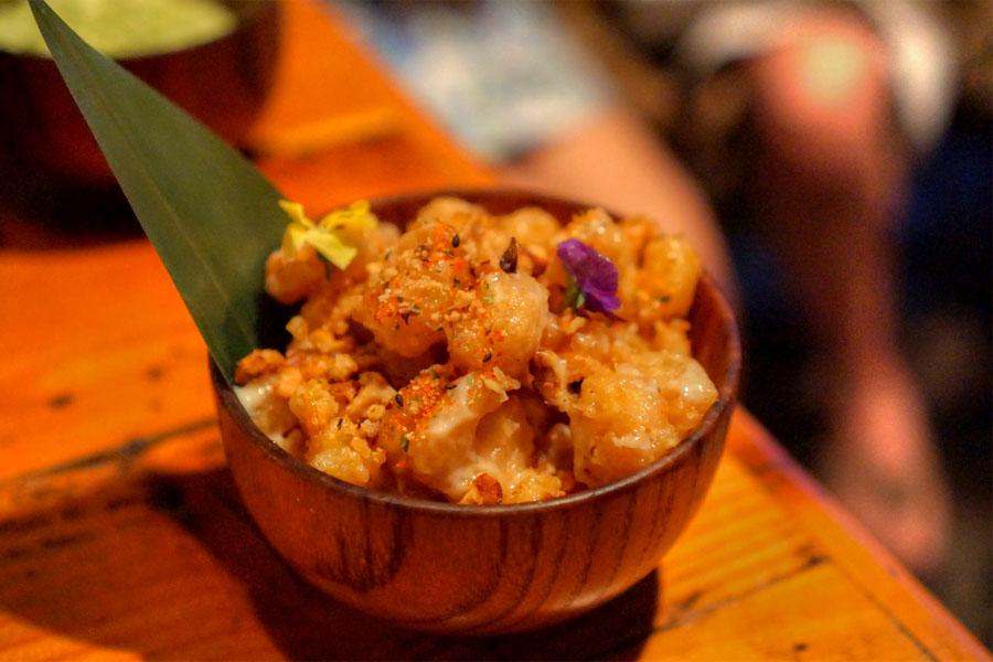 Shrimp shack, pineapple popcorn shrimp, yuzu, walnuts, ichiimi