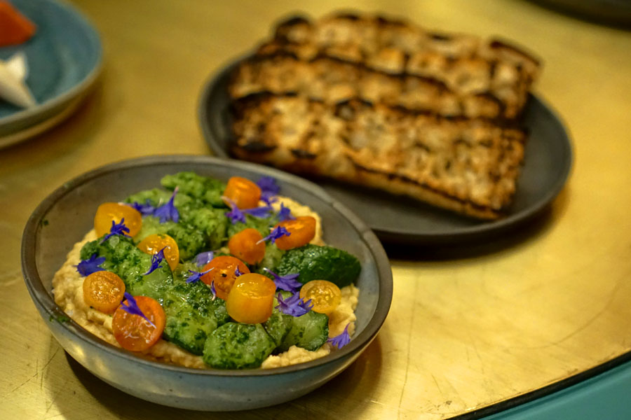 Red Lentil Hummus, Smashed Cucumbers, Nasturtium + Grilled Focaccia