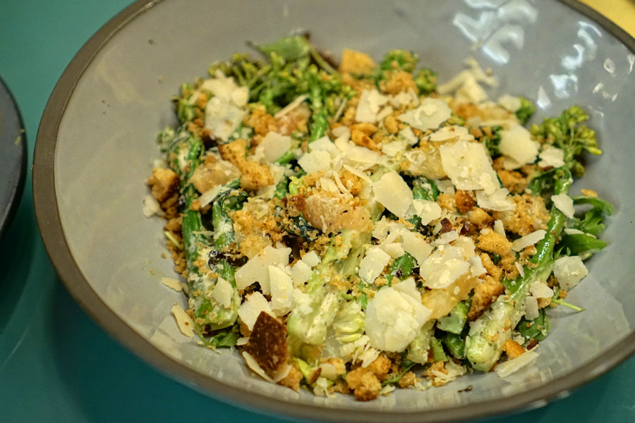 Grilled Brassicas Caesar, Torn Lemon Croutons