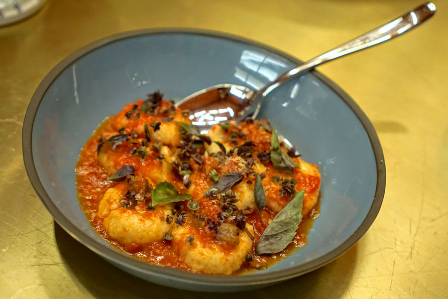 Ricotta Gnudi, Grated Tomato, Guanciale, Basil