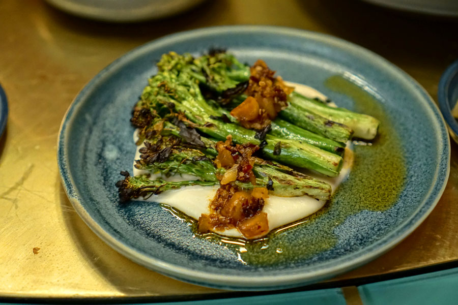 Broccolini with Celery Root and Macadamia Nut Salsa Macha