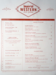 Imperial Western Beer Company Interior Menu