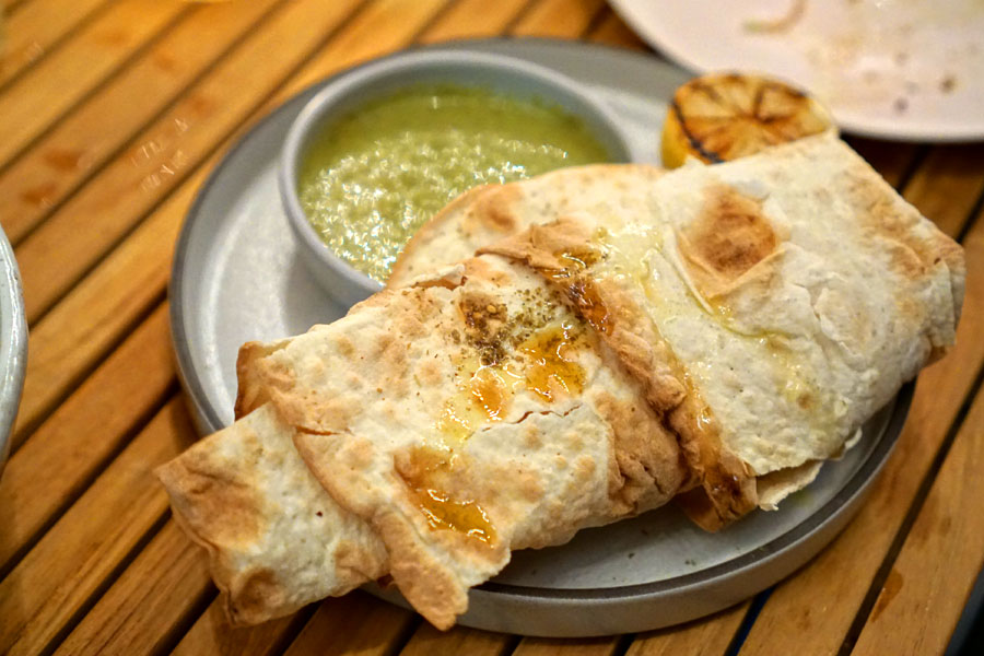 pistachio zhoug, lavash