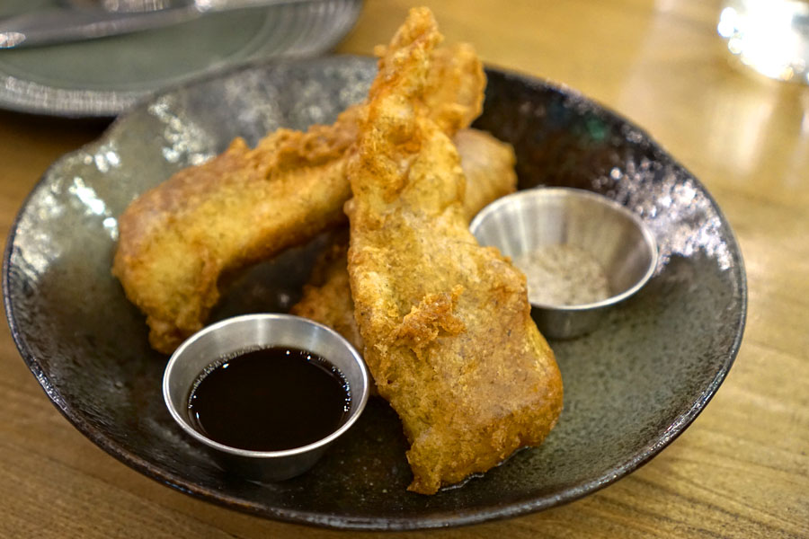 cod tempura, nori, black vinegar, pepper salt