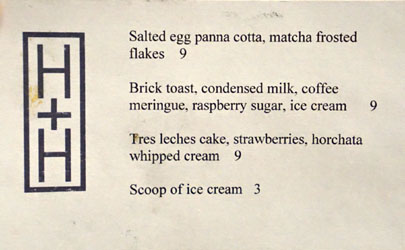 Hock + Hoof Dessert Menu