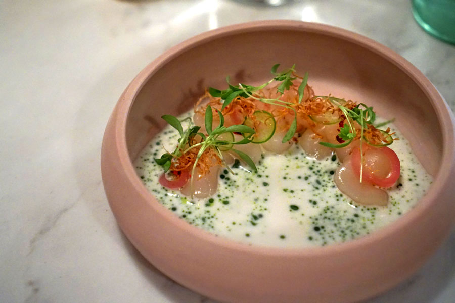 hokkaido scallops, coconut vinaigrette, crispy ginger, coriander