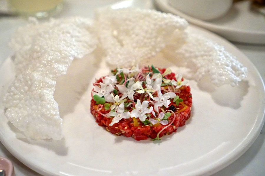 beef tartare, sesame, egg yolk jam, kochukaru