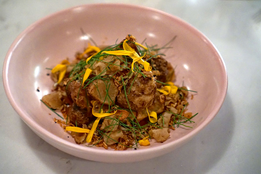 roasted sunchokes, strawberry mole, seeded granola