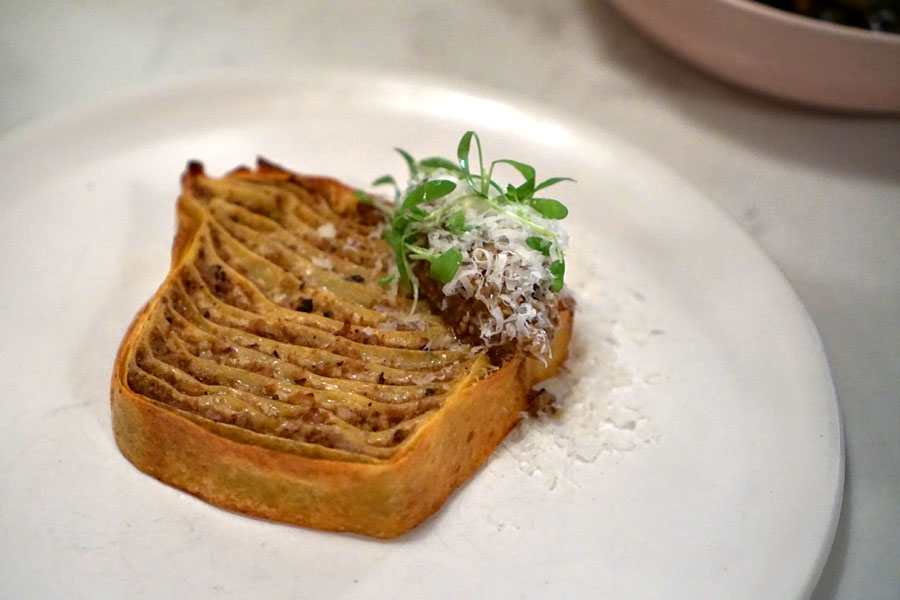 lasagna, pork ragu, tofu cream, prickly ash