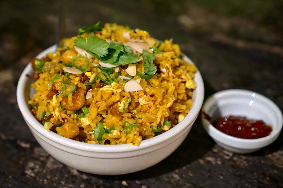 Turmeric Fried Rice, Chicken, Organic Egg, Chickpeas, Golden Raisins, Almonds, Chilies