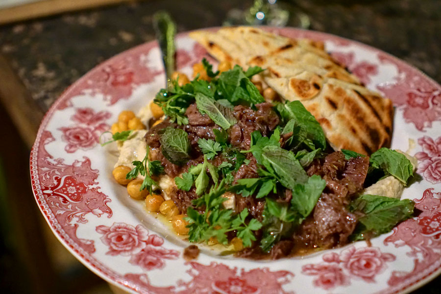 Hummus bi Tahini, Crisped Chickpeas, EV Olive Oil, Beef Cheek Kawarma