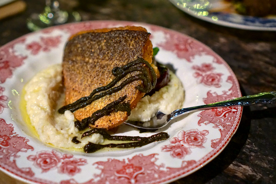 Pan Seared Branzino, Cauliflower, Herb-Roasted Beets, Charred Beet Root