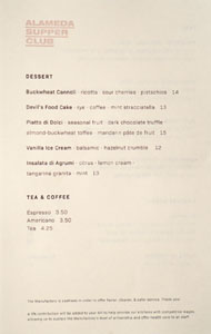 Alameda Supper Club Dessert Menu