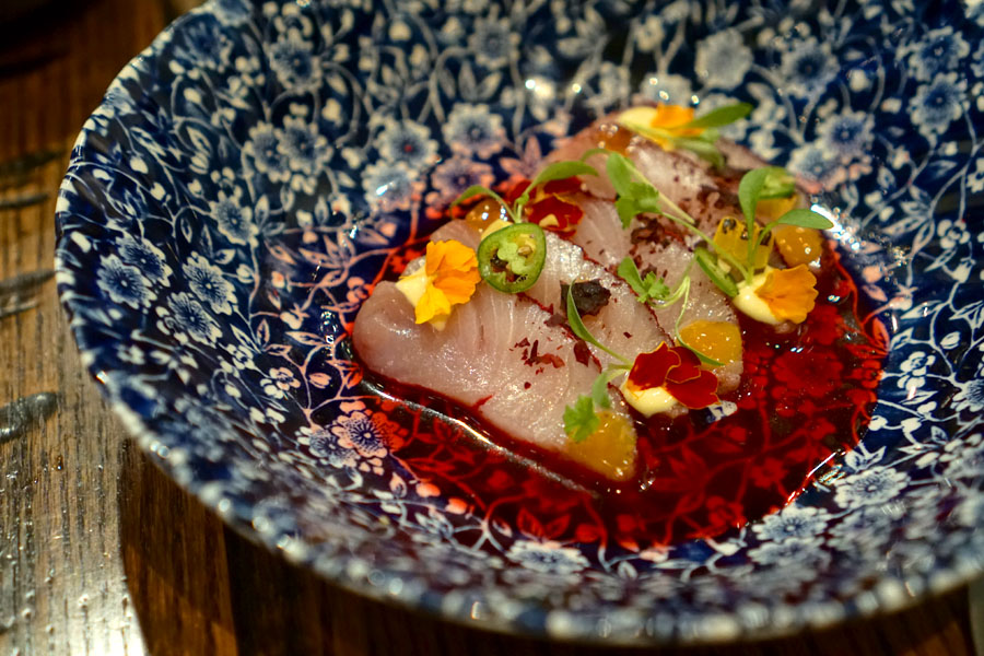 Hamachi ceviche, hibiscus salt, agua Jamaica, garlic, chile serrano, corn