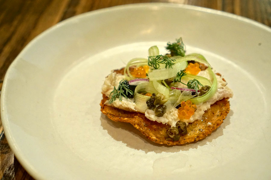 'Everything' tostada, smoked whitefish, caviar, chilemole, trout roe