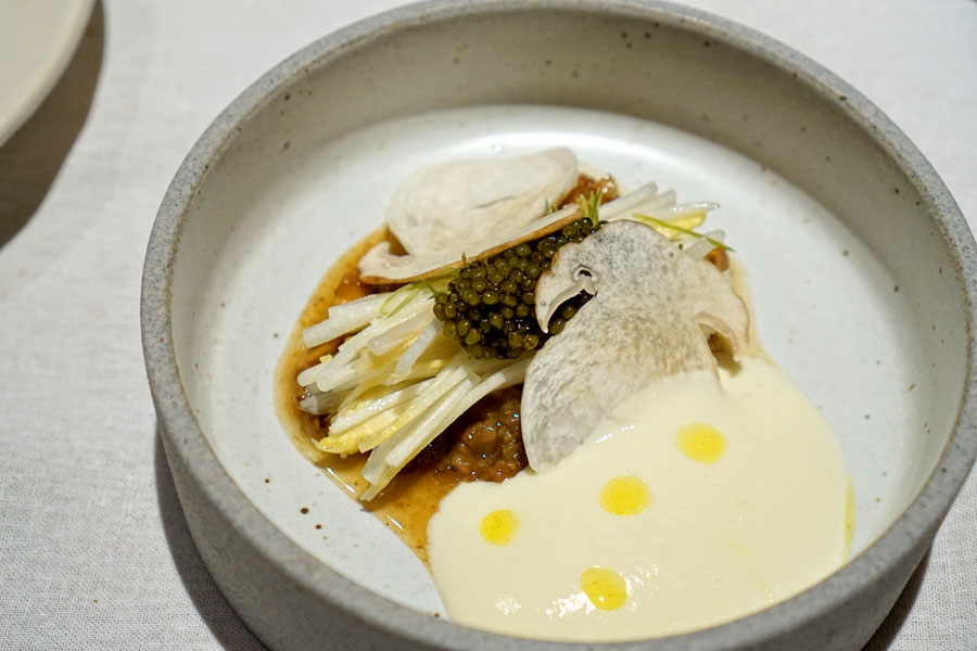 White asparagus, porcini mushrooms, trotter, spruce, osetra caviar