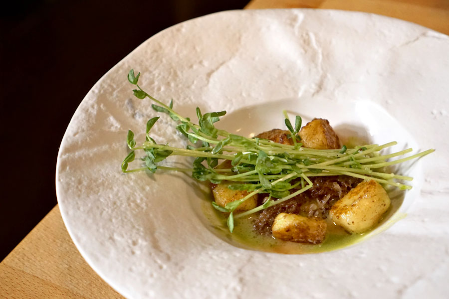 California Morels, gnocchi, asparagus & pea coulis