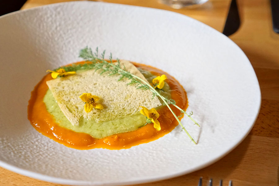 basil mashed potatoes, red pepper coulis