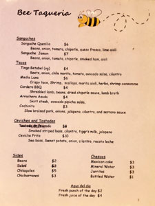 Bee Taqueria Menu (Printed)