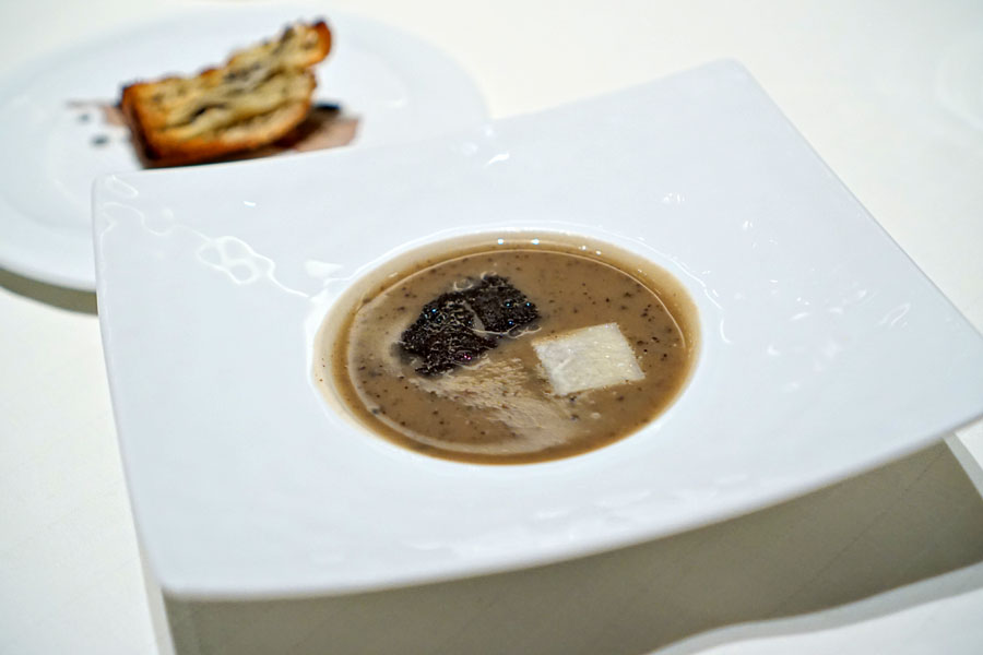 Artichoke and Black Truffle Soup, Toasted Mushroom Brioche, and Black Truffle Butter