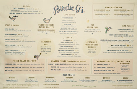 Birdie G's Menu