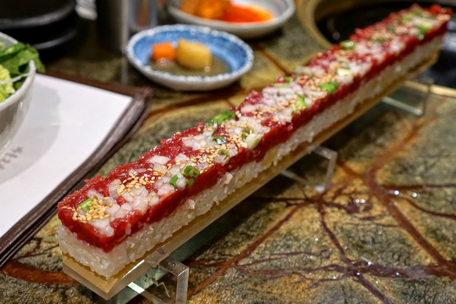 Giant beef tartare sushi