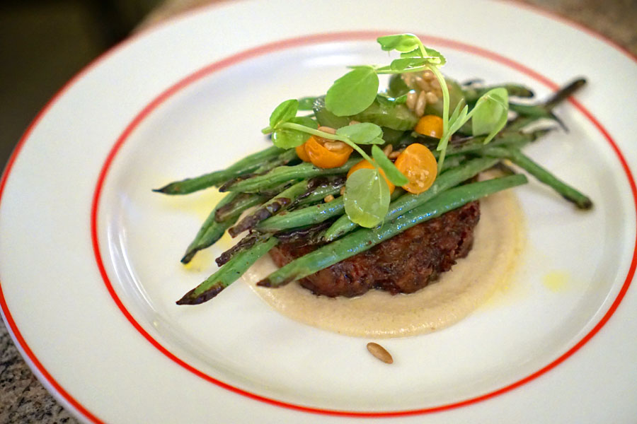 Haricots Verts, sunflower seed hummus, falafel