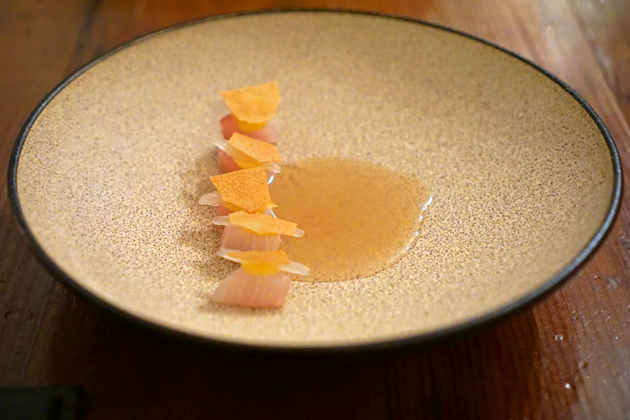 Sake-Cured Kanpachi, Smoked Dashi, Persimmon, Asian Pear