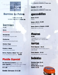 Burritos La Palma Menu