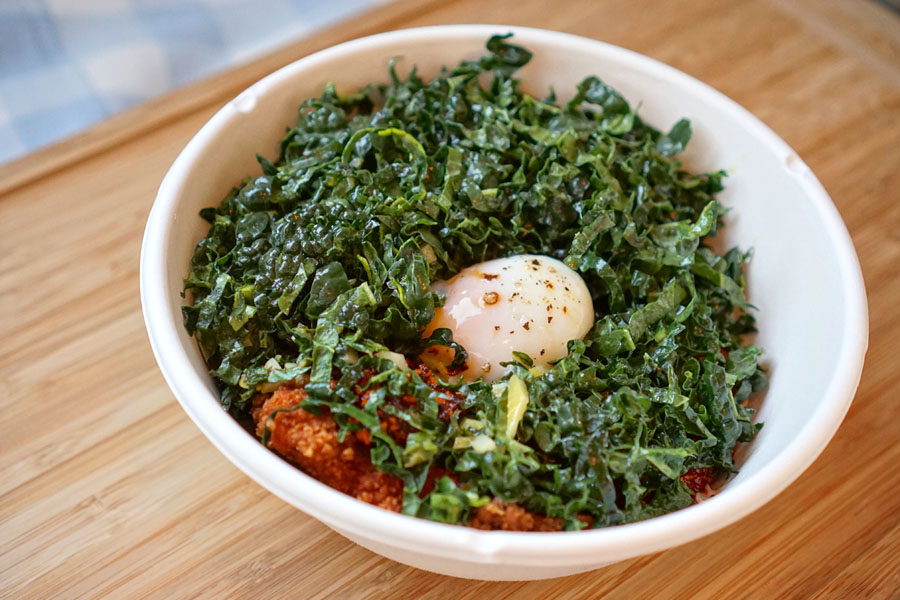 crispy chicken schnitzel, shaved black kale, preserved lemon, salsa seca + organic hen egg