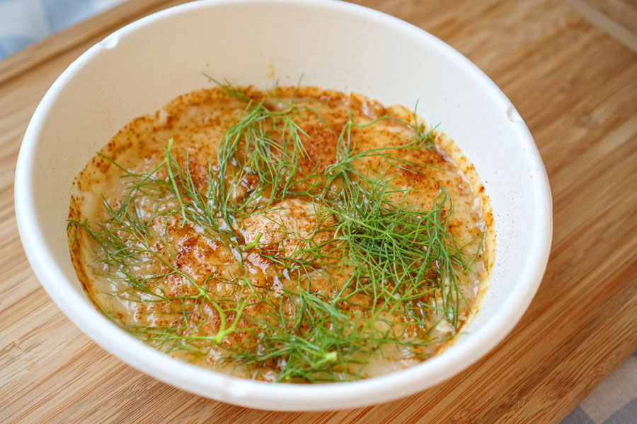 Koshihikari rice porridge, poached egg, roasted hazelnuts