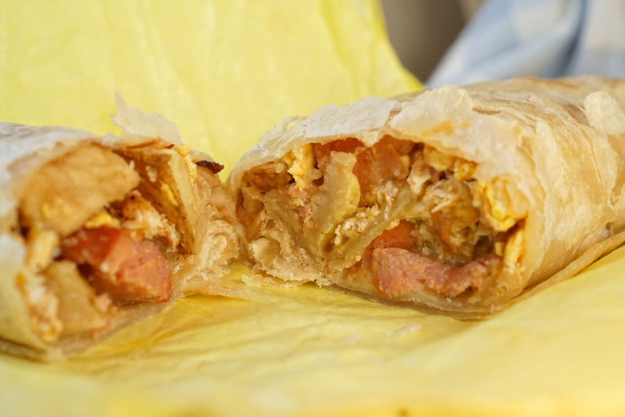 Sausage, Potato, and Egg Breakfast Burrito (Cut Open)