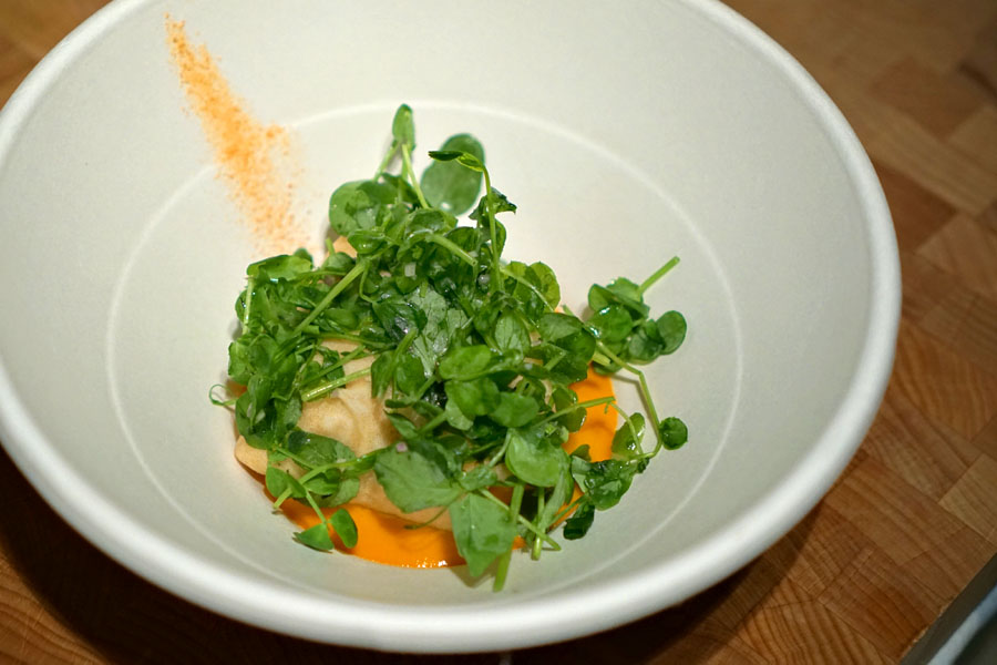 'Peas and Carrots' Maine Lobster Pancakes with Pea Shoot Salad and Ginger-Carrot Emulsion