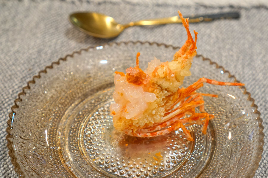 Deep-Fried Santa Barbara Spot Prawn, Body Tartar, Brain Butter, Finger Lime