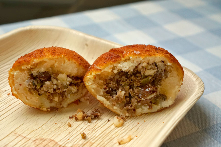 Papas Rellenas with Picadillo (Cut Open)