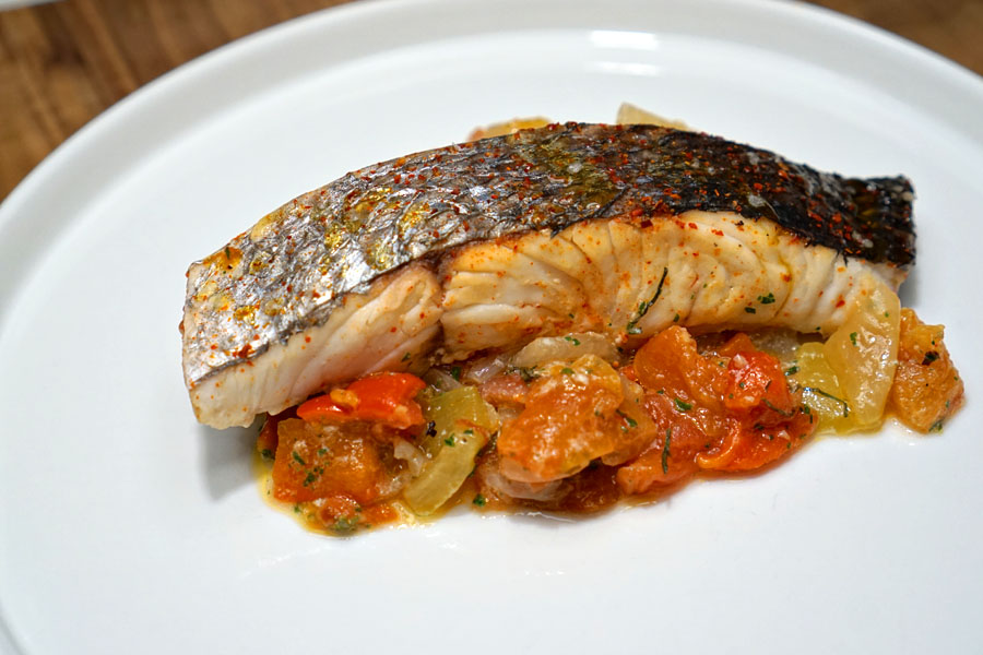 Striped Bass a la Piperrada (Plated without Garnishes)